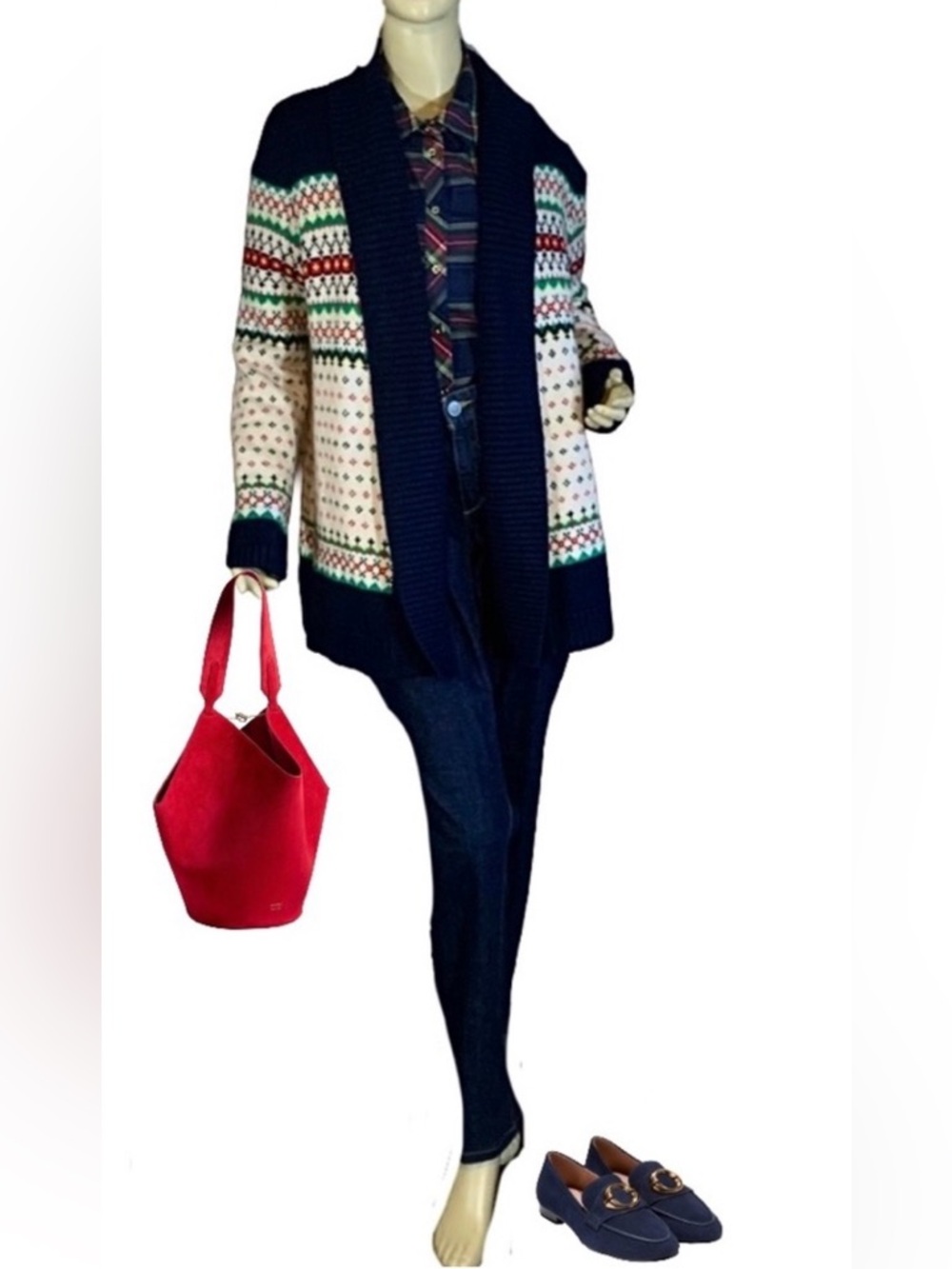 TALBOTS BLUE & CREAM FAIR ISLE OPEN FRONT SHAWL CARDIGAN (M)